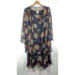 Vintage 90s Dress Size 16 Set Sheer Cardigan Gambling Las Vegas Cards Travel AOP